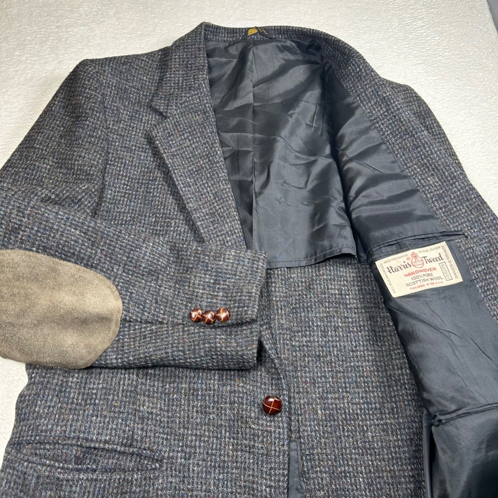Harris Tweed Blazer Elbow Patch Leather Button Mens 44 Grey Wool Sport Coat VTG